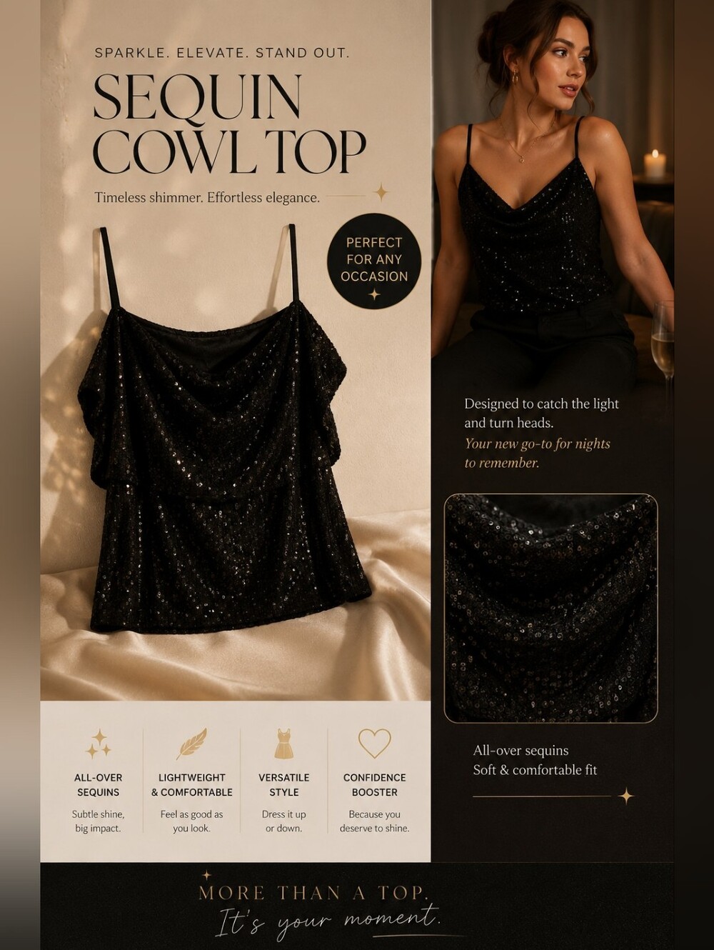 Black Sequin Cowl Camisole